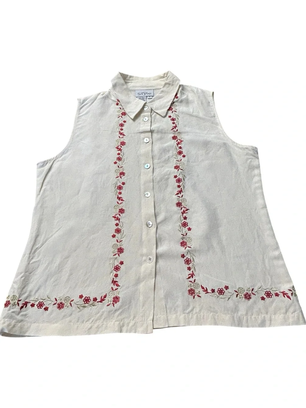 California Style Women’s Ivory Floral Silk Embroidered Bohemian Blouse SZ M EUC - Picture 2 of 12
